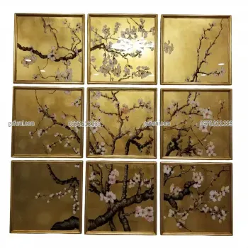 Bộ Tranh Hoa Đào 09 Tấm Vẽ Ngược Trên Kiếng Nền Đồng