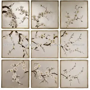 Tranh Kiếng Hoa Đào Vẽ Ngược Dán Lá Bạc Bộ 09 Tấm
