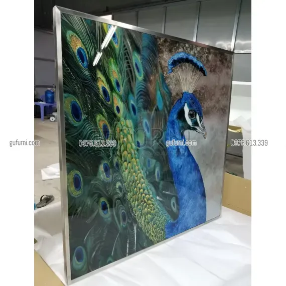 Tranh Gương Vẽ Ngược Dát Lá Đồng - Lá Bạc Sang Trọng Với họa Tiết Chim Công