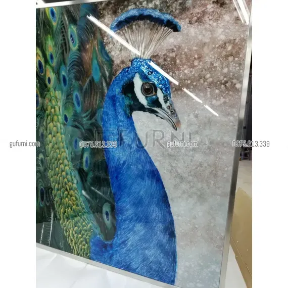 Tranh Gương Vẽ Ngược Dát Lá Đồng - Lá Bạc Sang Trọng Với họa Tiết Chim Công