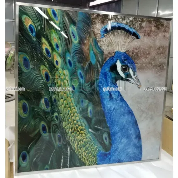 Tranh Gương Vẽ Ngược Dát Lá Đồng - Lá Bạc Sang Trọng Với họa Tiết Chim Công