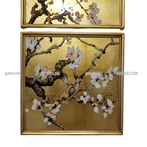 Bộ Tranh Hoa Đào 09 Tấm Vẽ Ngược Trên Kiếng Nền Đồng