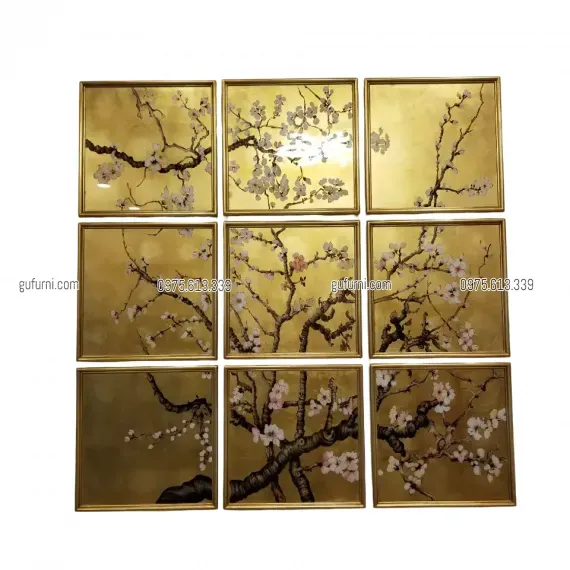 Bộ Tranh Hoa Đào 09 Tấm Vẽ Ngược Trên Kiếng Nền Đồng