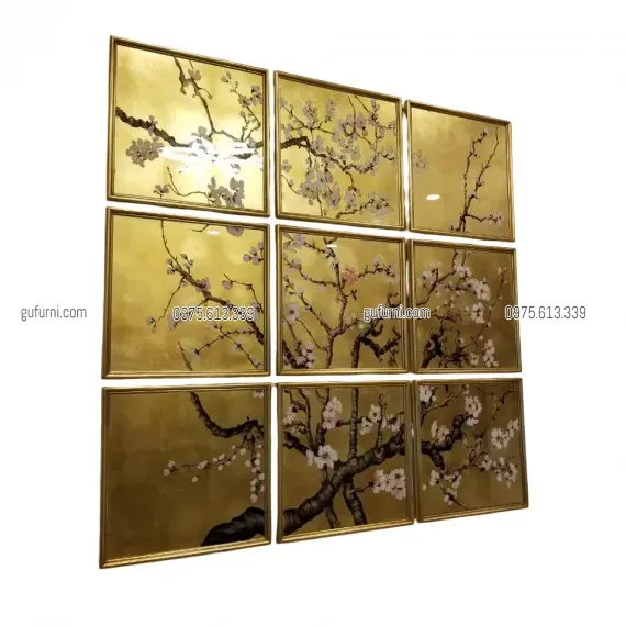 Bộ Tranh Hoa Đào 09 Tấm Vẽ Ngược Trên Kiếng Nền Đồng