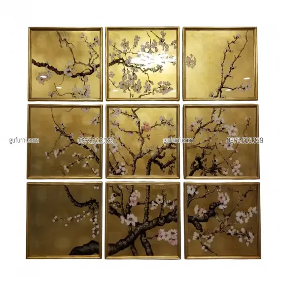 Bộ Tranh Hoa Đào 09 Tấm Vẽ Ngược Trên Kiếng Nền Đồng