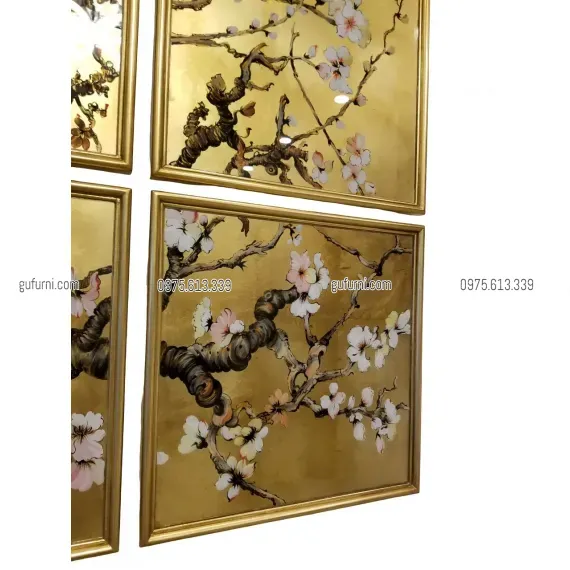 Bộ Tranh Hoa Đào 09 Tấm Vẽ Ngược Trên Kiếng Nền Đồng
