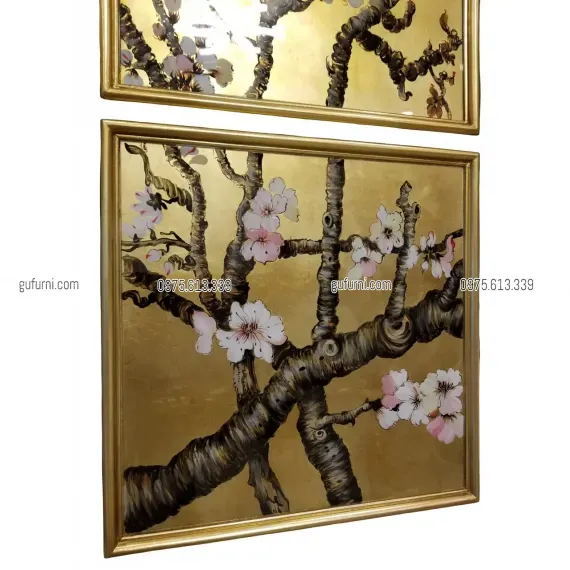 Bộ Tranh Hoa Đào 09 Tấm Vẽ Ngược Trên Kiếng Nền Đồng