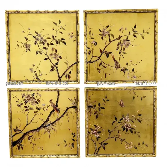 Bộ Tranh Kiếng Sơn Dầu 4 Tấm Vẽ Ngược Nền Đồng