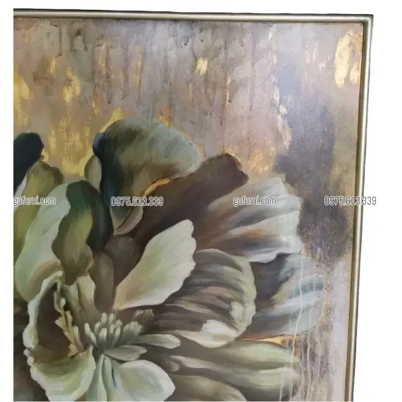 Tranh Hoa Mẫu Đơn Vẽ Trên Nền Ván Công nghiệp Dát Lá Đồng